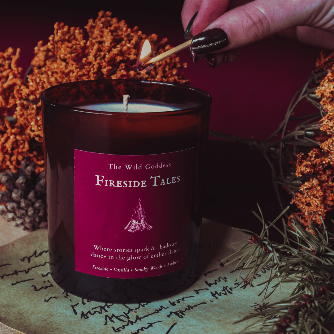 Fireside Tales Candle | Vanilla & Wood Smoke Scented Candle with Folklore Story - The Wild Goddess
