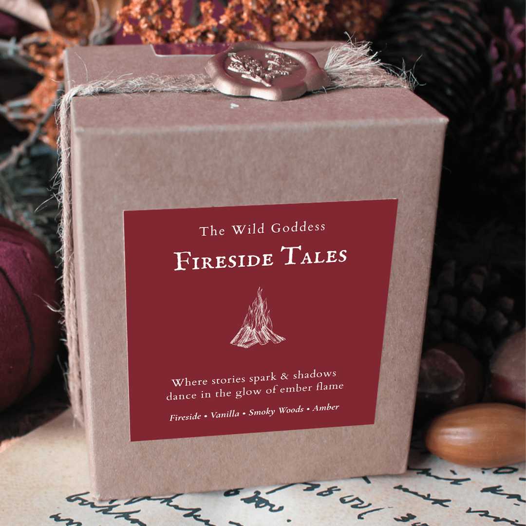 Fireside Tales Candle | Vanilla & Wood Smoke Scented Candle with Folklore Story - The Wild Goddess