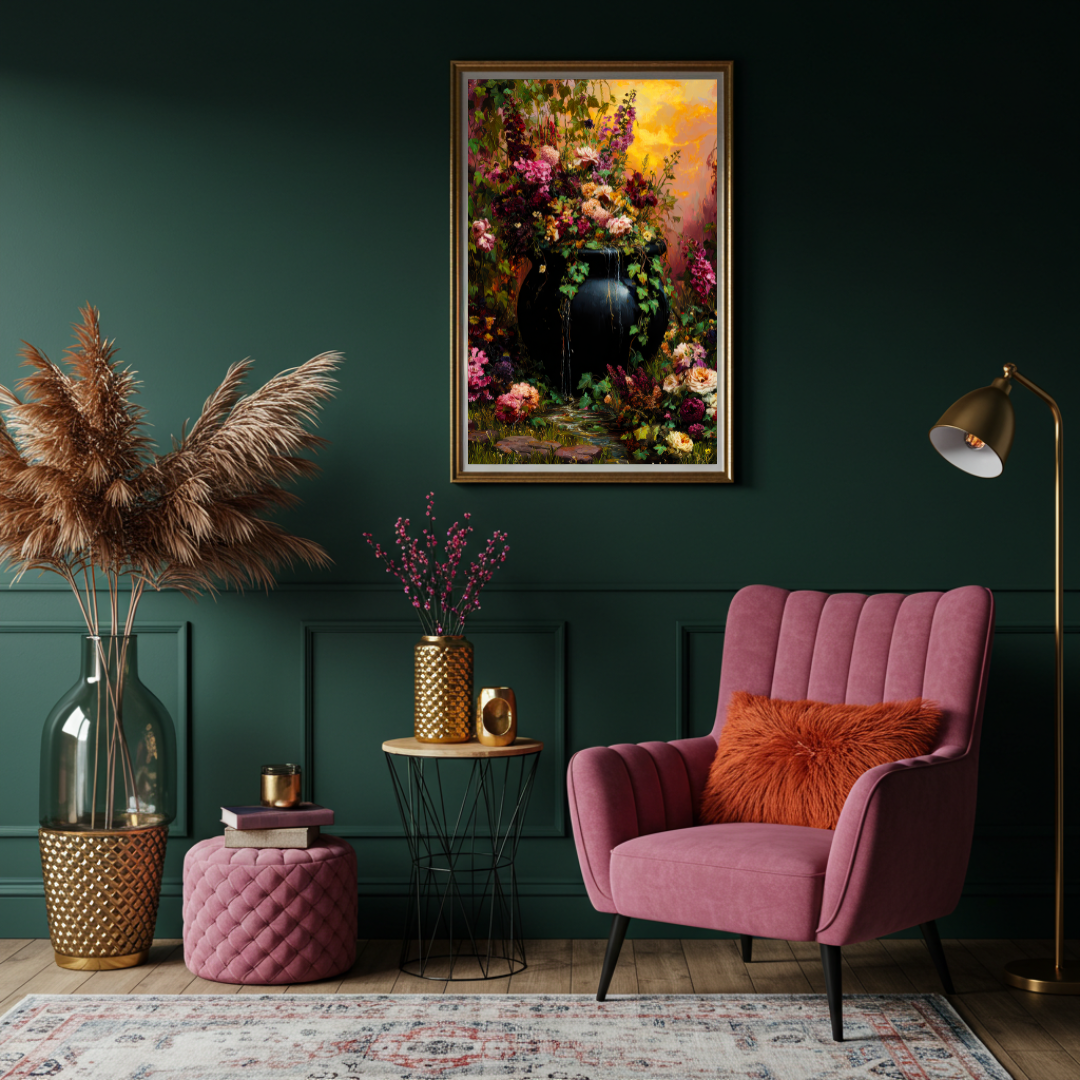 Floral Cauldron Wall Art Print – Enchanted Witch’s Garden Decor