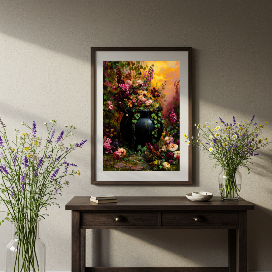 Floral Cauldron Wall Art Print – Enchanted Witch’s Garden Decor