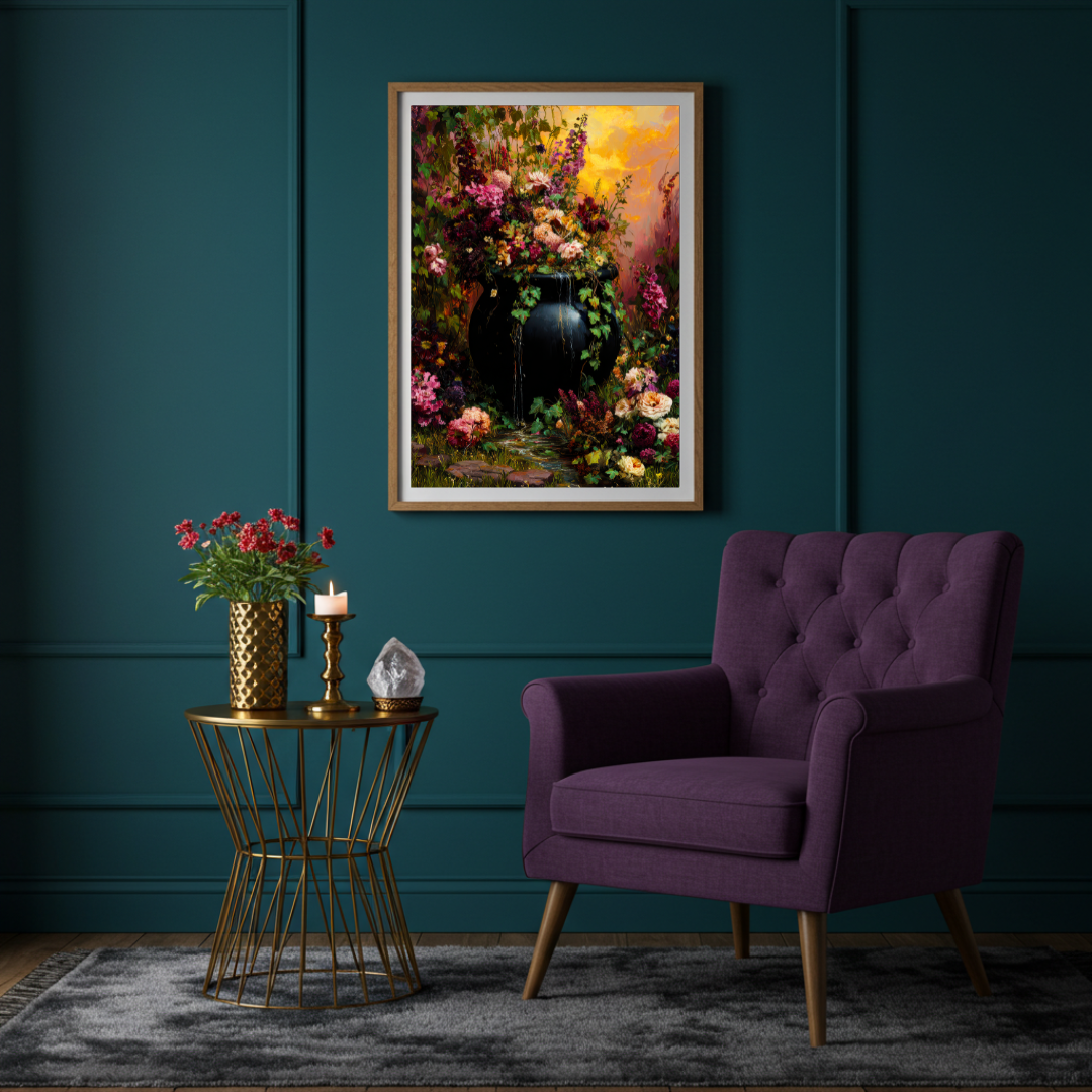 Floral Cauldron Wall Art Print – Enchanted Witch’s Garden Decor