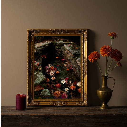 Sacred Well Floral Art Print – Folklore Inspired Water & Flower Wall Decor