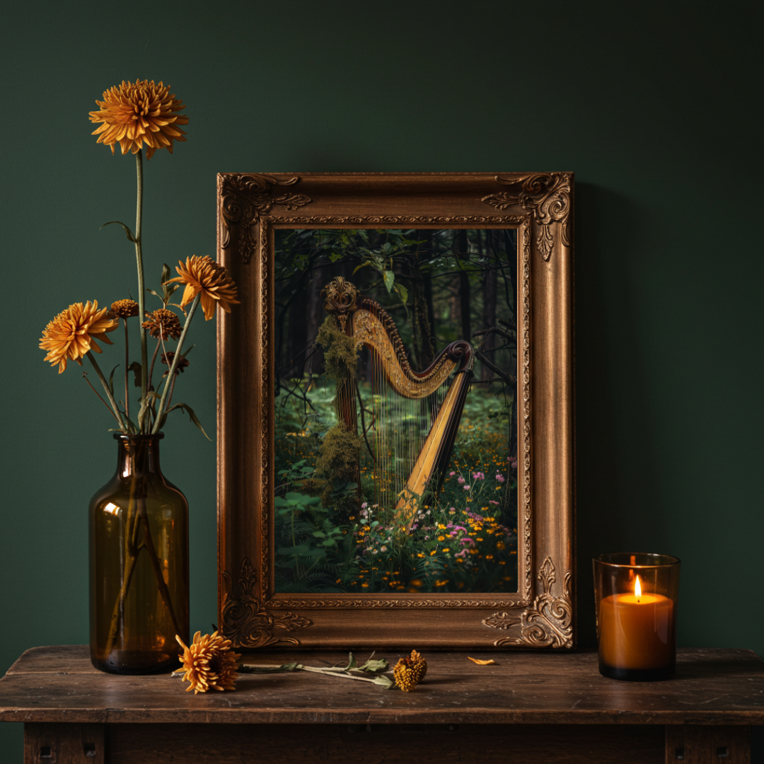 Enchanted Woodland Harp Art Print – Celtic Folklore Inspired Wall Decor