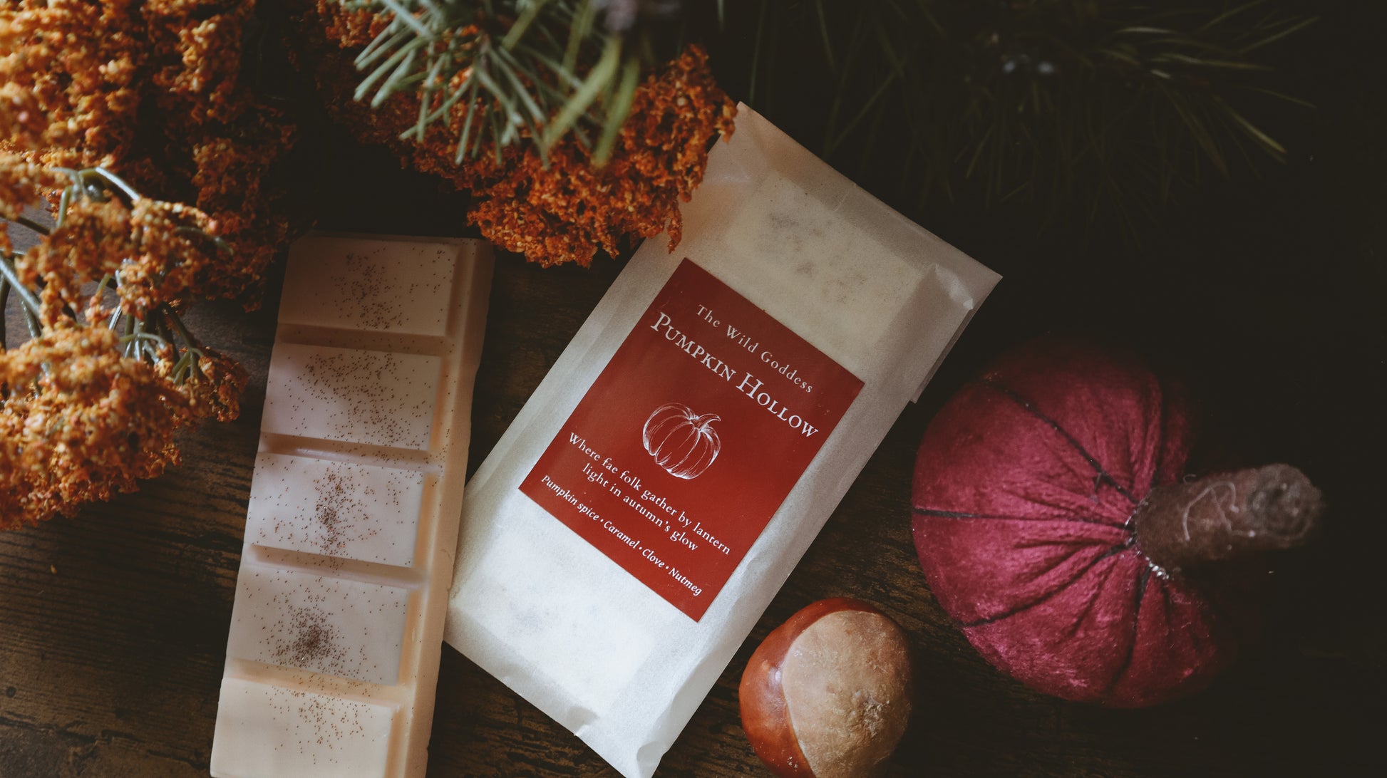 Pumpkin Hollow vegan soy wax melt snap bar with artisan autumn packaging
