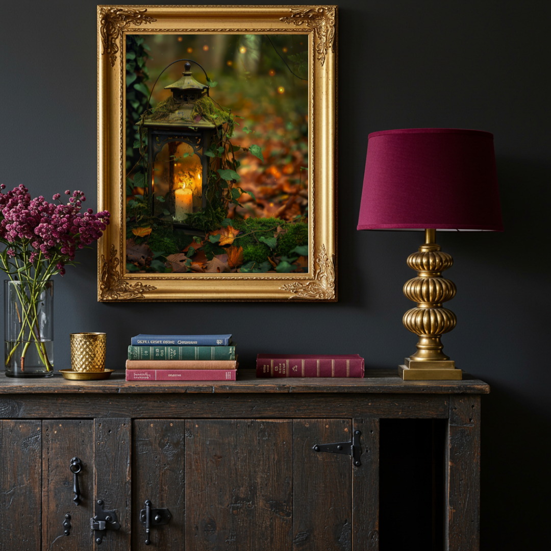Lantern in the Forest Wall Art Print – Enchanted Woodland Autumn Decor
