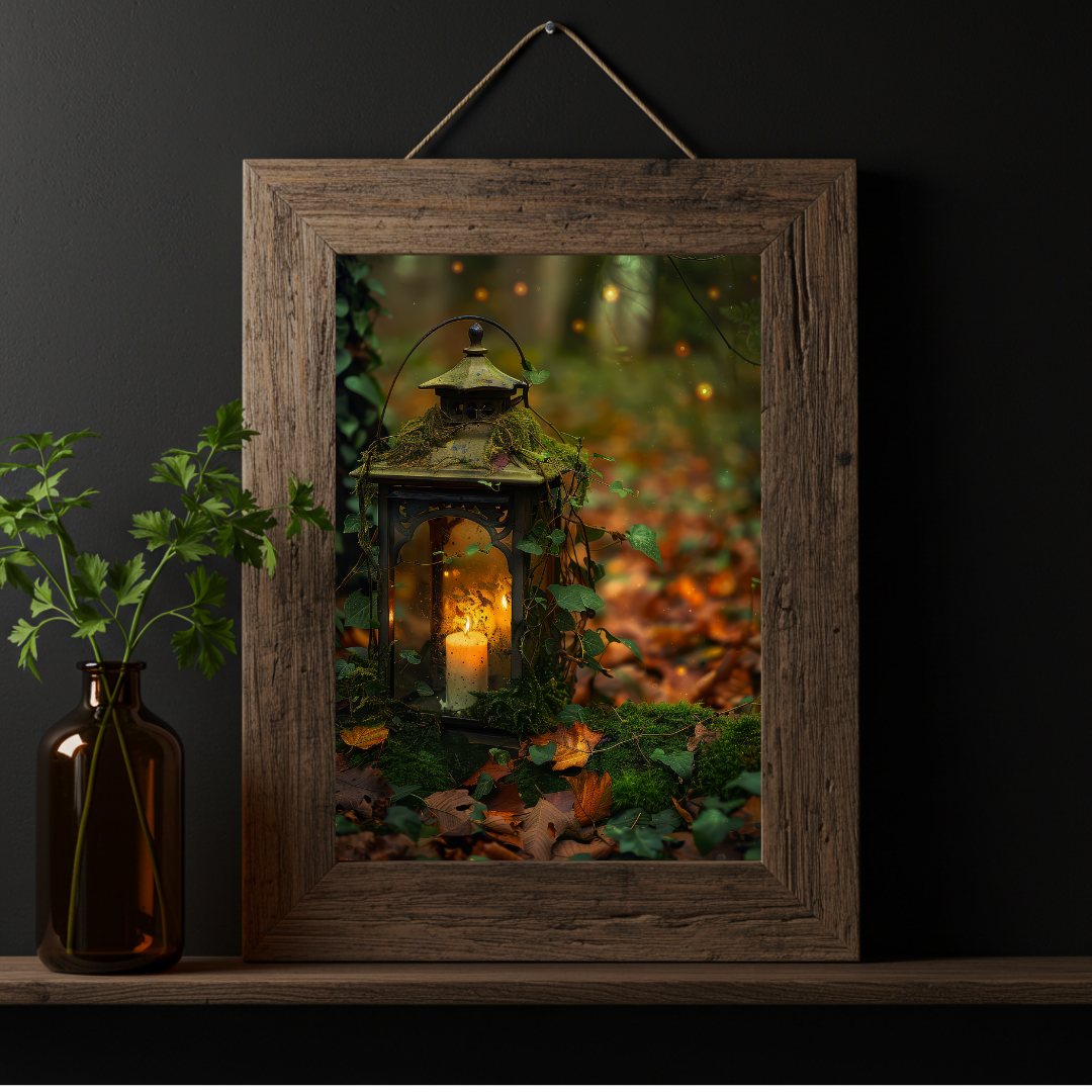 Lantern in the Forest Wall Art Print – Enchanted Woodland Autumn Decor