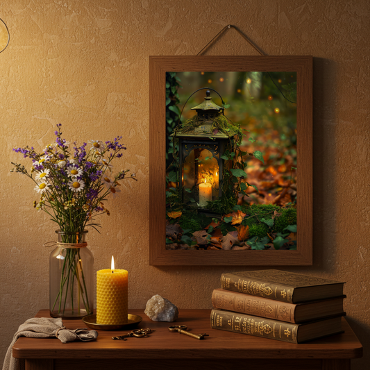 Lantern in the Forest Wall Art Print – Enchanted Woodland Autumn Decor