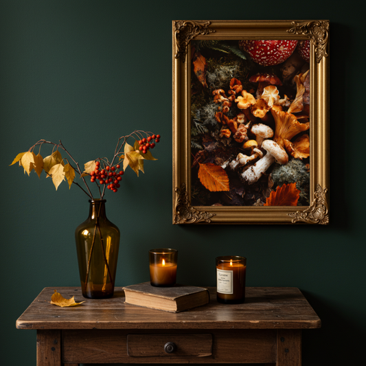 Woodland Mushroom Art Print – Enchanted Forest Fungi Wall Decor in Autumn Tones