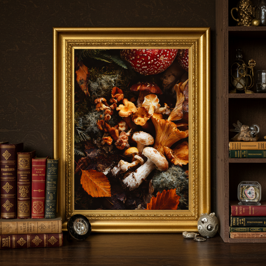 Woodland Mushroom Art Print – Enchanted Forest Fungi Wall Decor in Autumn Tones