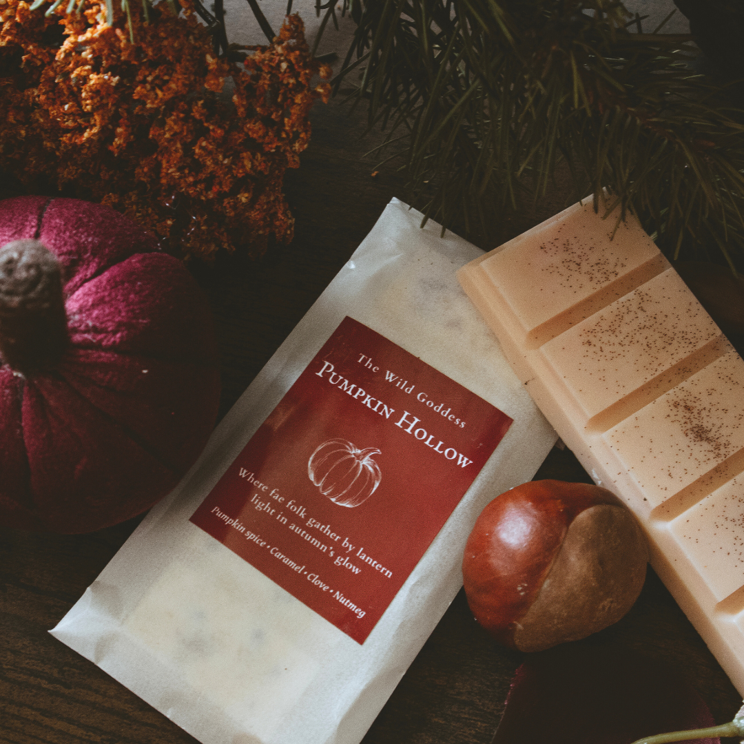 Hand-poured Pumpkin Hollow wax melt snap bar and packaging – autumn home fragrance