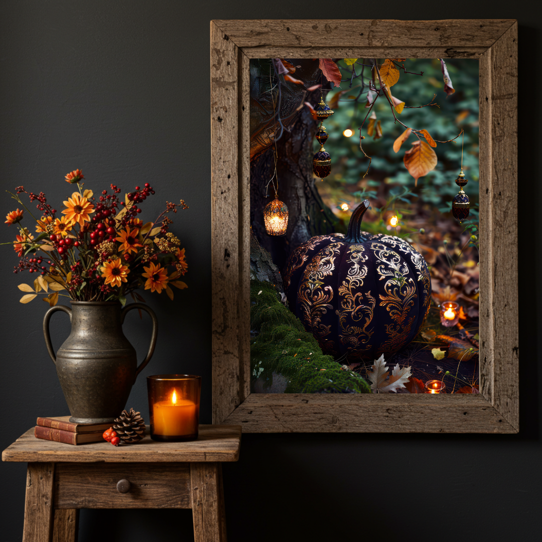 Luxe Black & Gold Pumpkin Wall Art Print – Enchanted Autumn Folklore Inspired Decor