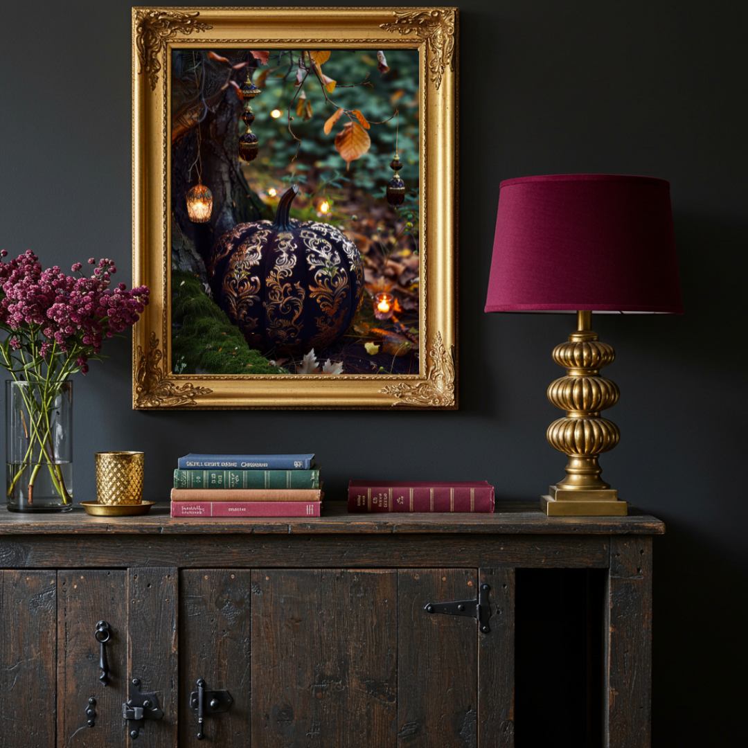 Luxe Black & Gold Pumpkin Wall Art Print – Enchanted Autumn Folklore Inspired Decor
