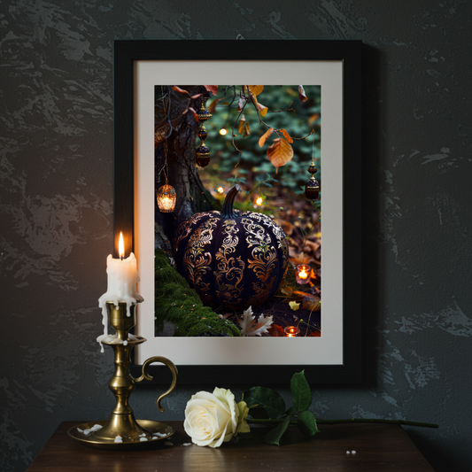 Luxe Black & Gold Pumpkin Wall Art Print – Enchanted Autumn Folklore Inspired Decor