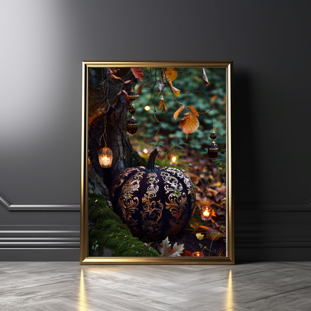 Luxe Black & Gold Pumpkin Wall Art Print – Enchanted Autumn Folklore Inspired Decor