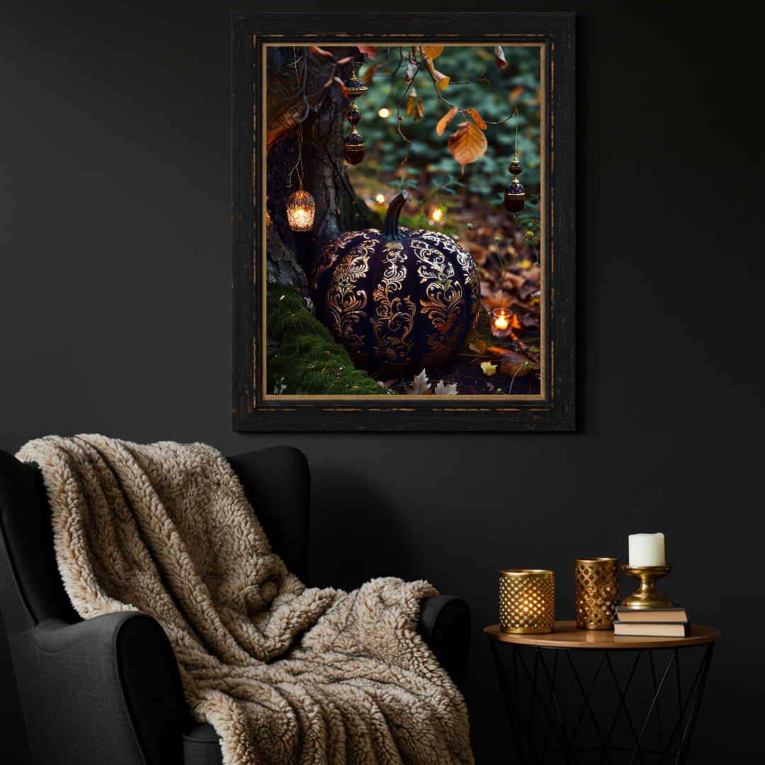 Luxe Black & Gold Pumpkin Wall Art Print – Enchanted Autumn Folklore Inspired Decor
