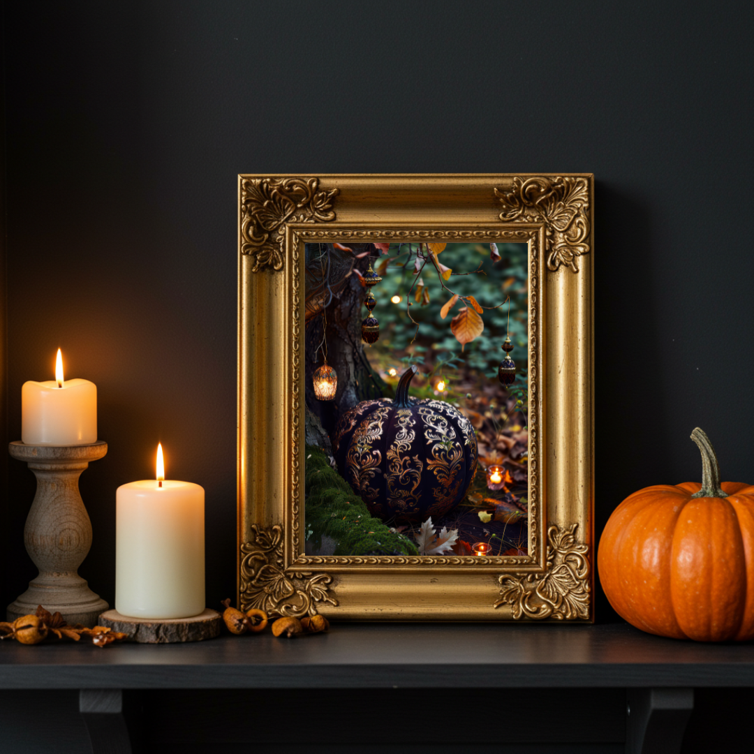 Luxe Black & Gold Pumpkin Wall Art Print – Enchanted Autumn Folklore Inspired Decor
