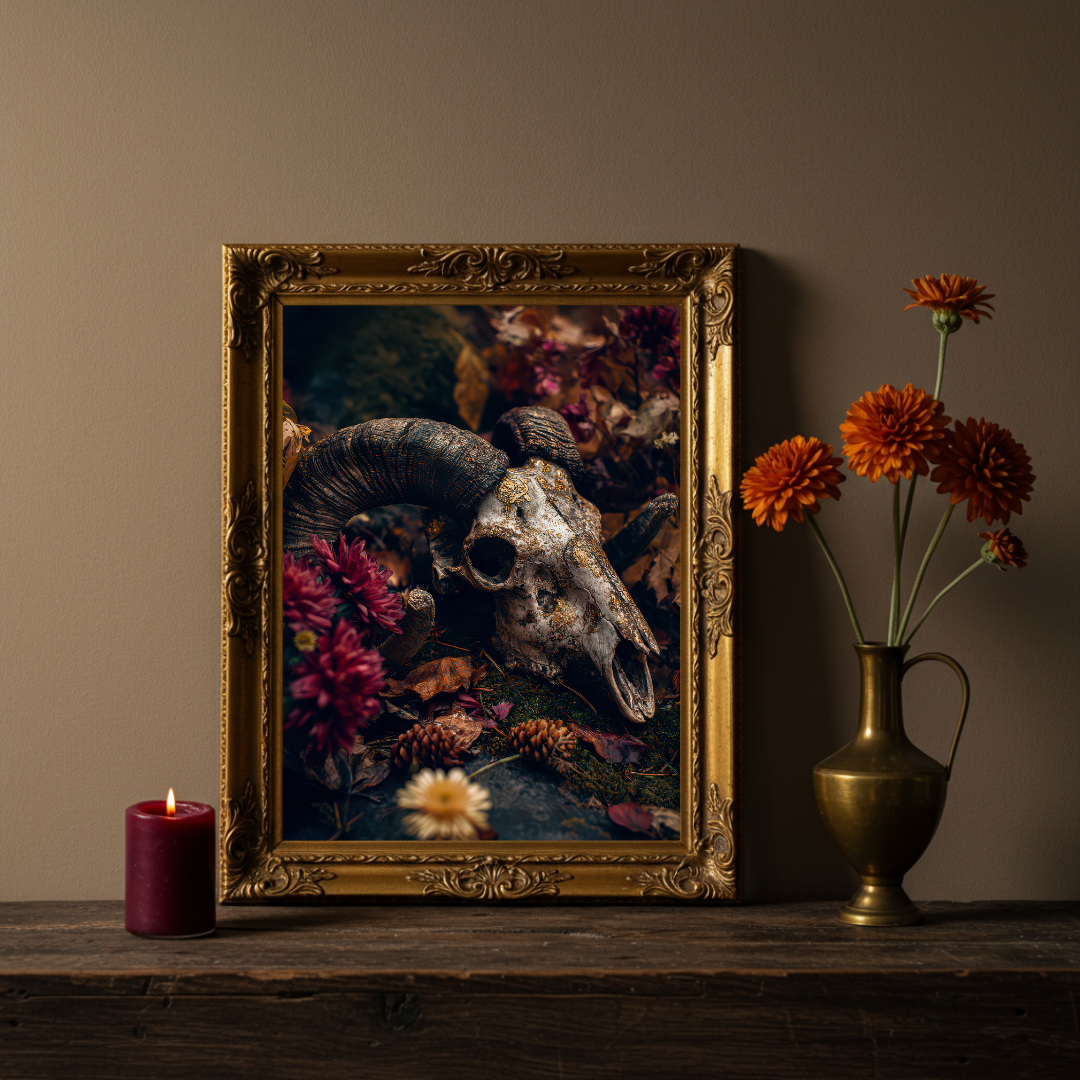 Ram Skull Wall Art Print – Dark Folklore, Witchy Moody Decor