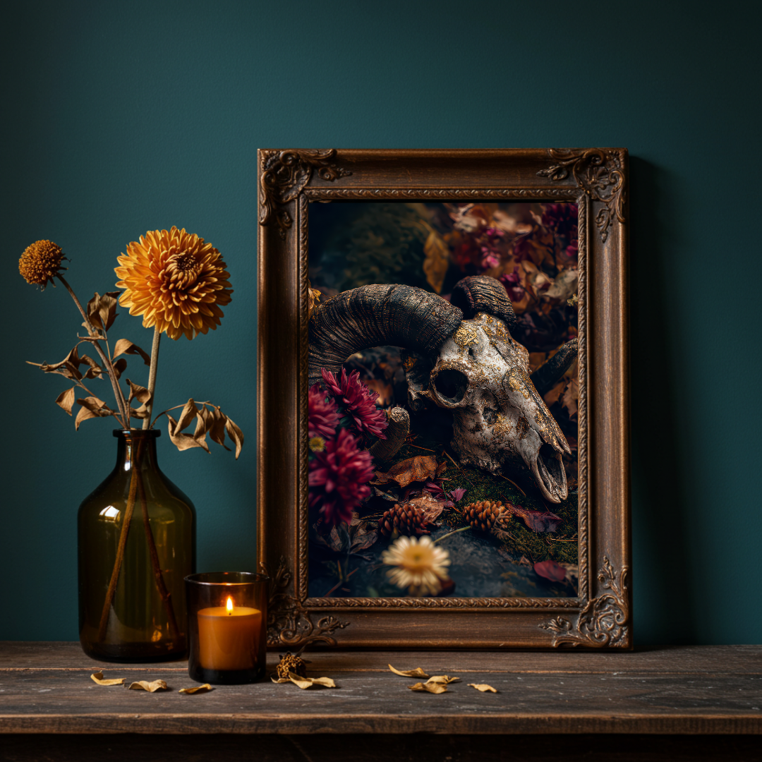 Ram Skull Wall Art Print – Dark Folklore, Witchy Moody Decor