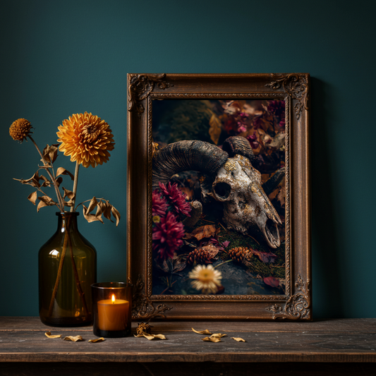 Ram Skull Wall Art Print – Dark Folklore, Witchy Moody Decor