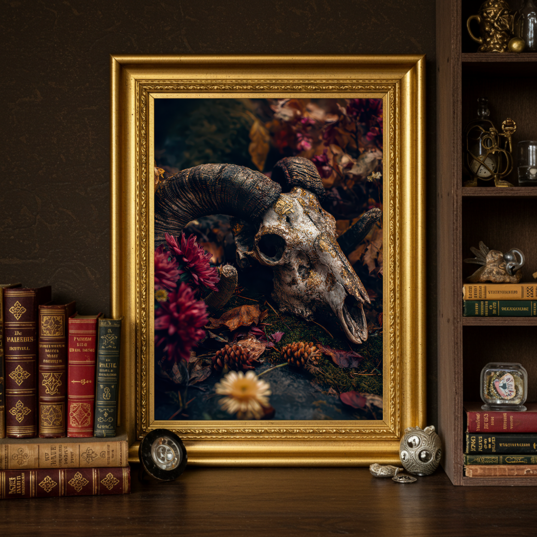 Ram Skull Wall Art Print – Dark Folklore, Witchy Moody Decor