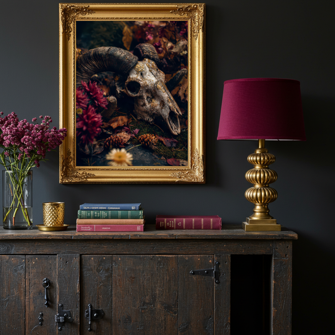 Ram Skull Wall Art Print – Dark Folklore, Witchy Moody Decor