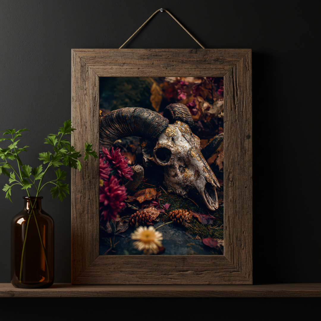 Ram Skull Wall Art Print – Dark Folklore, Witchy Moody Decor