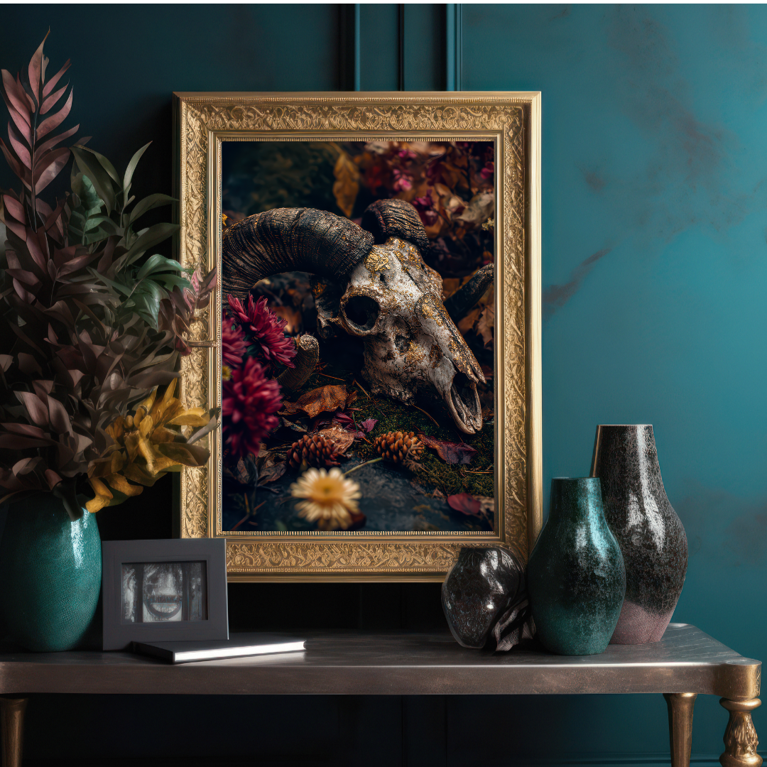 Ram Skull Wall Art Print – Dark Folklore, Witchy Moody Decor