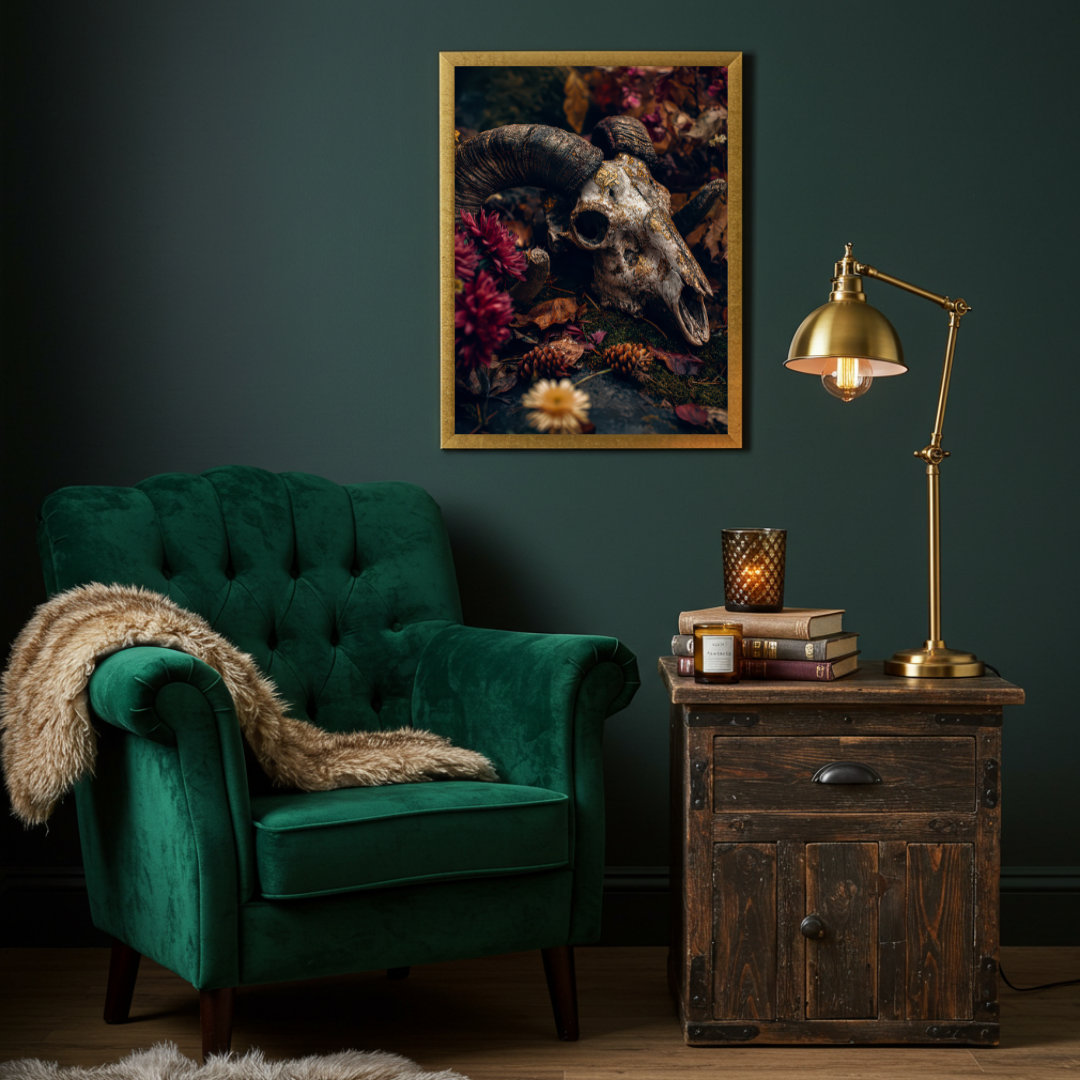 Ram Skull Wall Art Print – Dark Folklore, Witchy Moody Decor