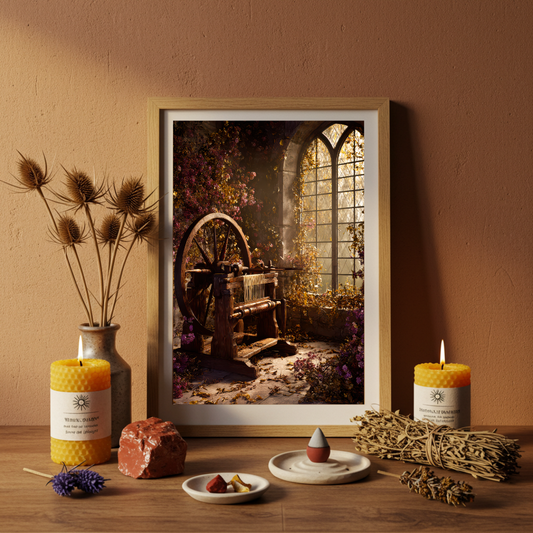 Fairytale Spinning Wheel Wall Art Print – Enchanted Cottagecore Folklore Decor
