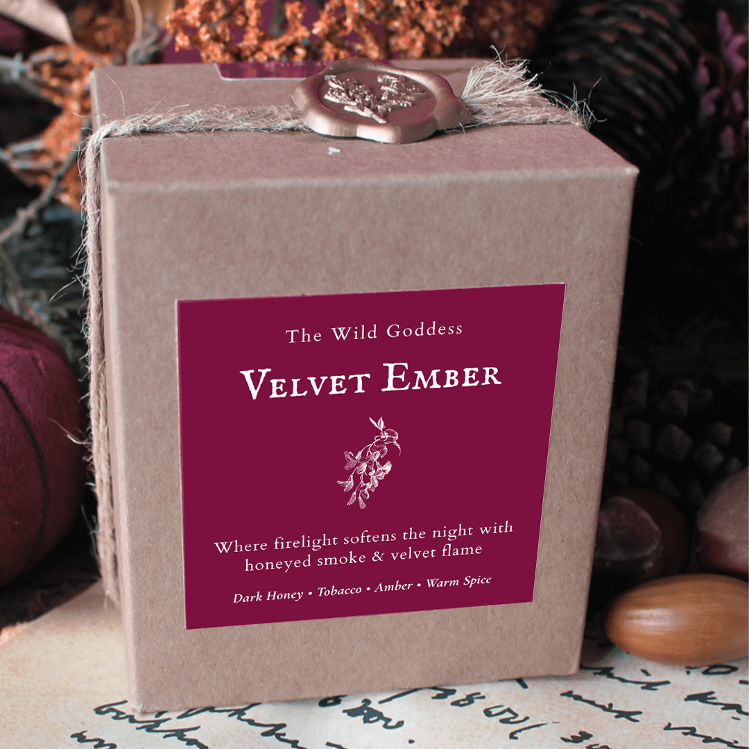 Velvet Ember Candle – Dark Honey & Tobacco Scented Candle with Folklore Story - The Wild Goddess