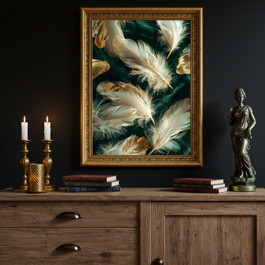 White & Gold Feather Wall Art Print on Emerald Green Background