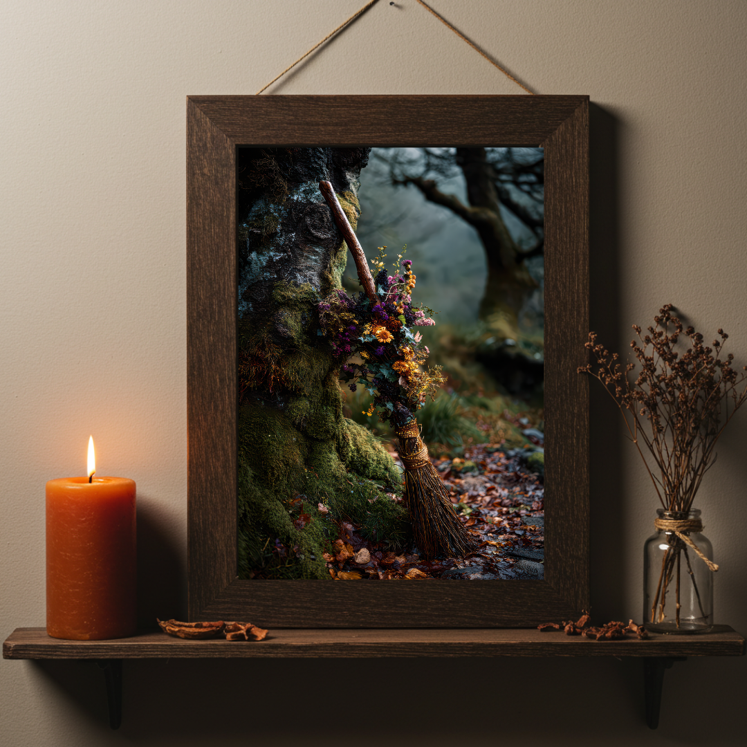 Witch’s Broom Wall Art Print – Folklore Inspired Enchanted Woodland Decor