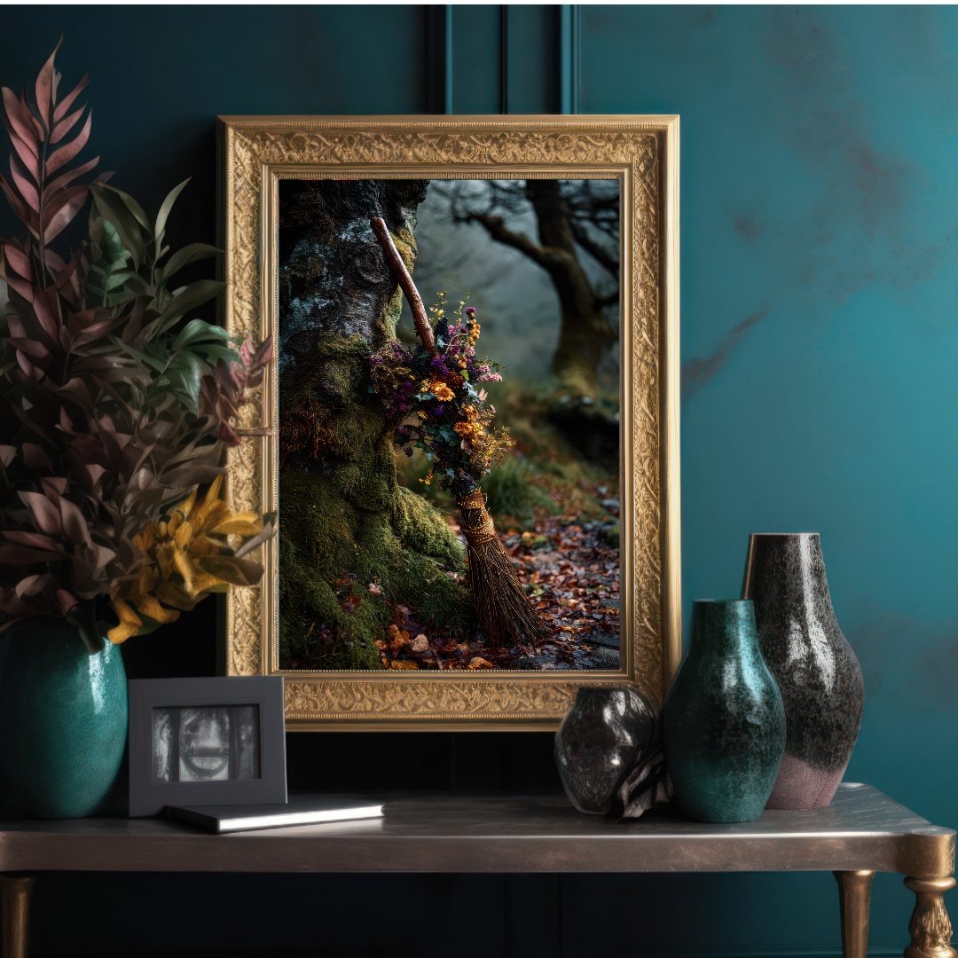 Witch’s Broom Wall Art Print – Folklore Inspired Enchanted Woodland Decor