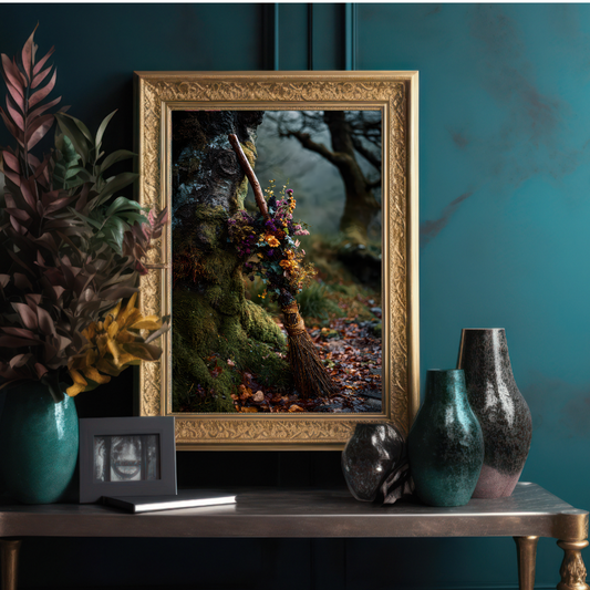 Witch’s Broom Wall Art Print – Folklore Inspired Enchanted Woodland Decor