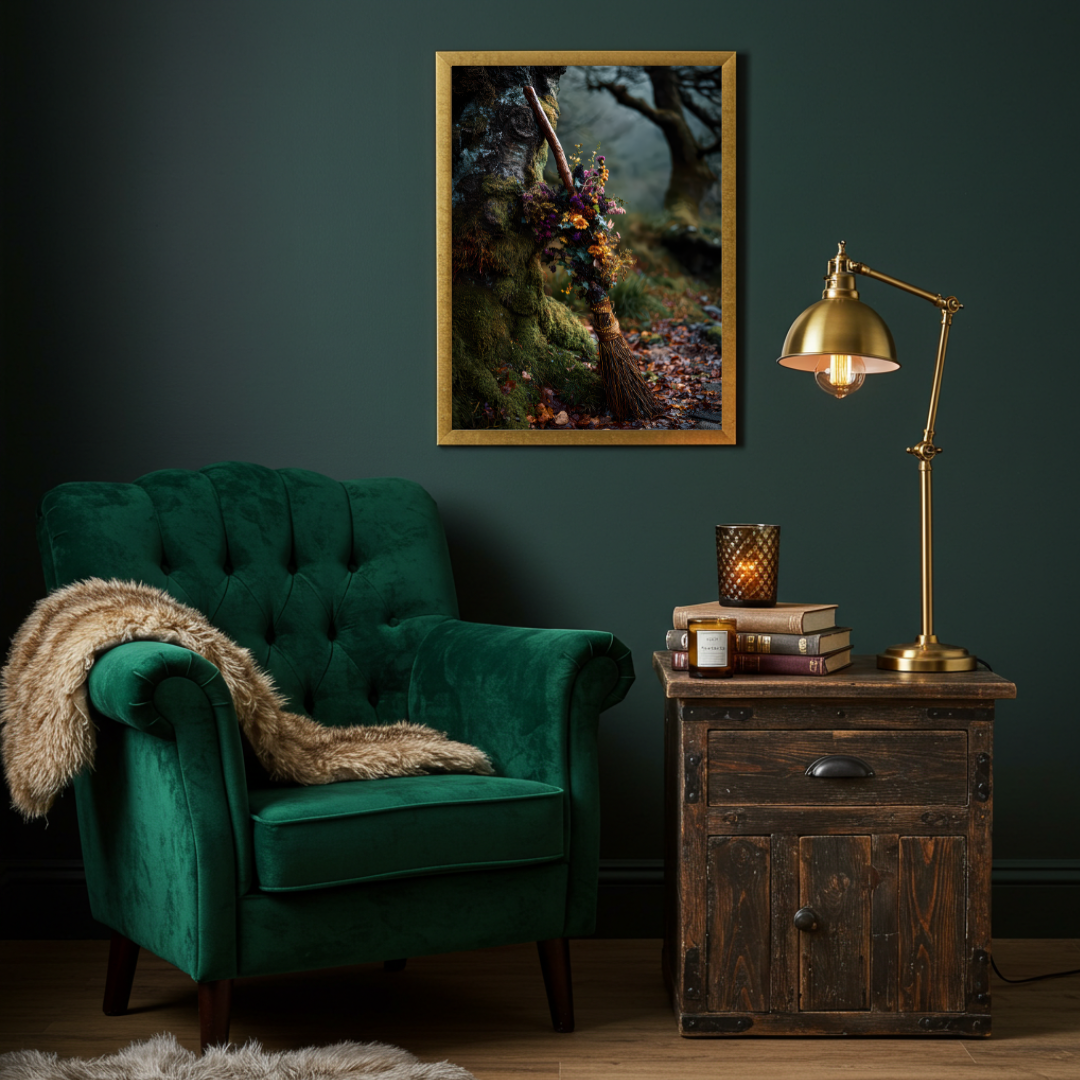 Witch’s Broom Wall Art Print – Folklore Inspired Enchanted Woodland Decor