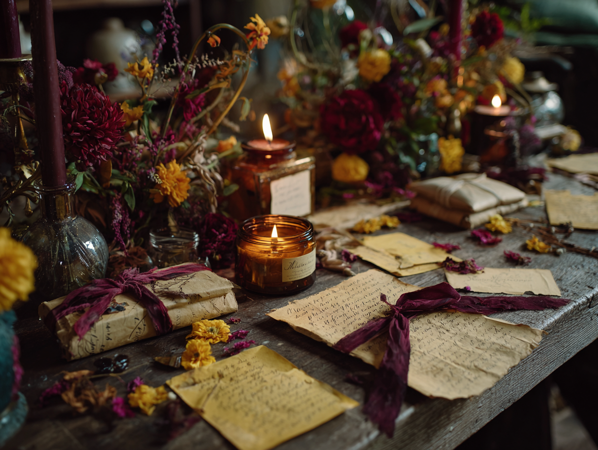 Folklore-inspired candle display on a rustic wooden table styled with enchanted seasonal decor.